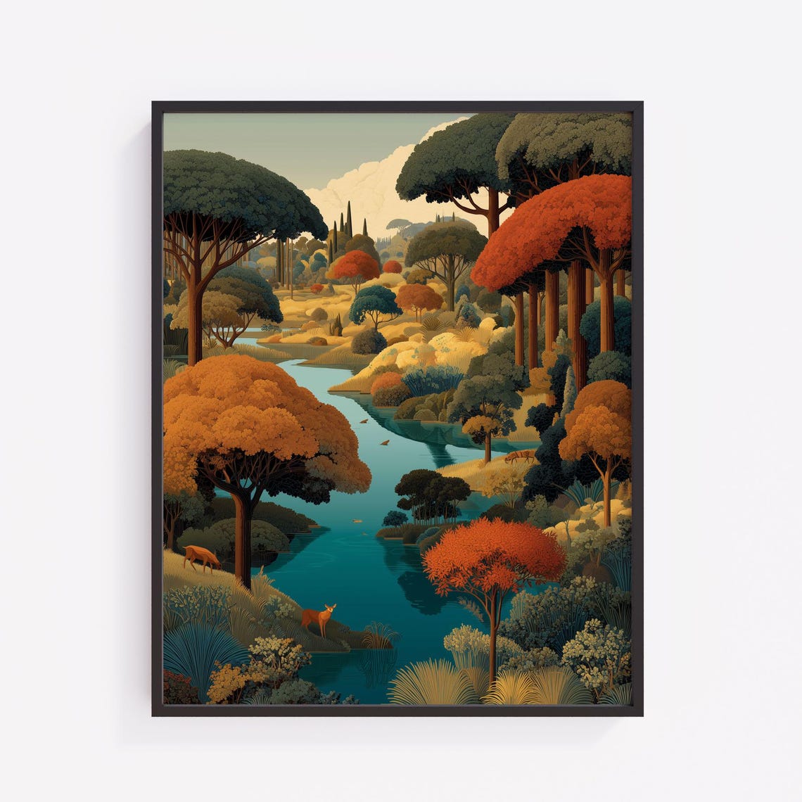 Henri Rousseau Inspired Autumn River Landscape Rustic Wall Art Earthy Fall Forest Decor Vintage Style Painting Print 189