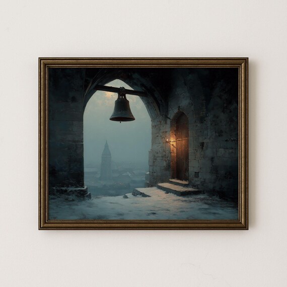 Winter Twilight Church Bells Silhouette Moody Snowy Landscape Vintage Wall Art Rustic Evening Scene 131
