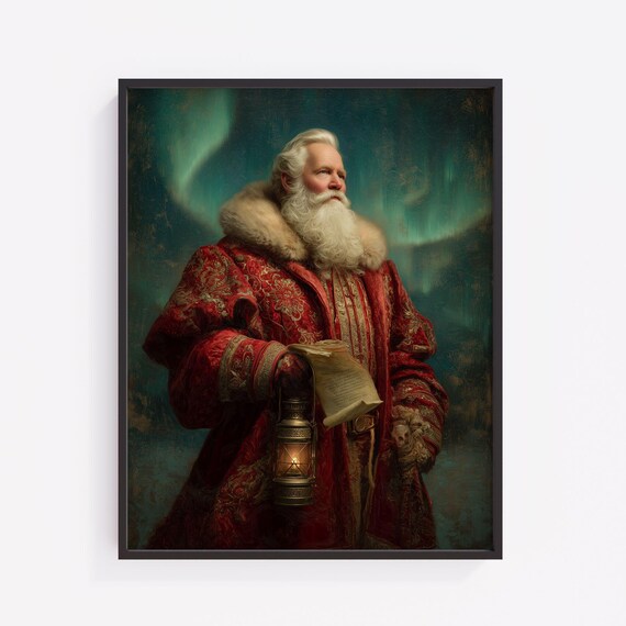 Santa Claus In Red Velvet Robe With Lantern Northern Lights Poster