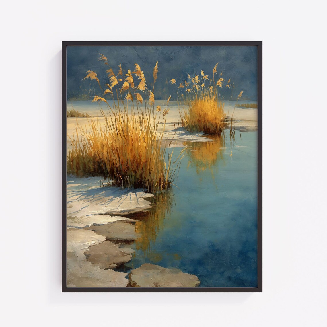 Golden Marsh Reeds at Calm Water Edge Vintage Oil Painting Poster