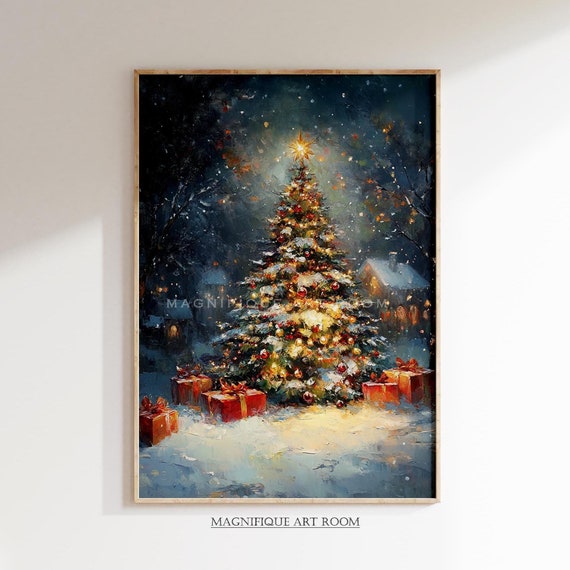 Vintage Christmas Tree Prints Moody Winter Wall Art Christmas Decor Farmhouse Christmas Decor Painting W29