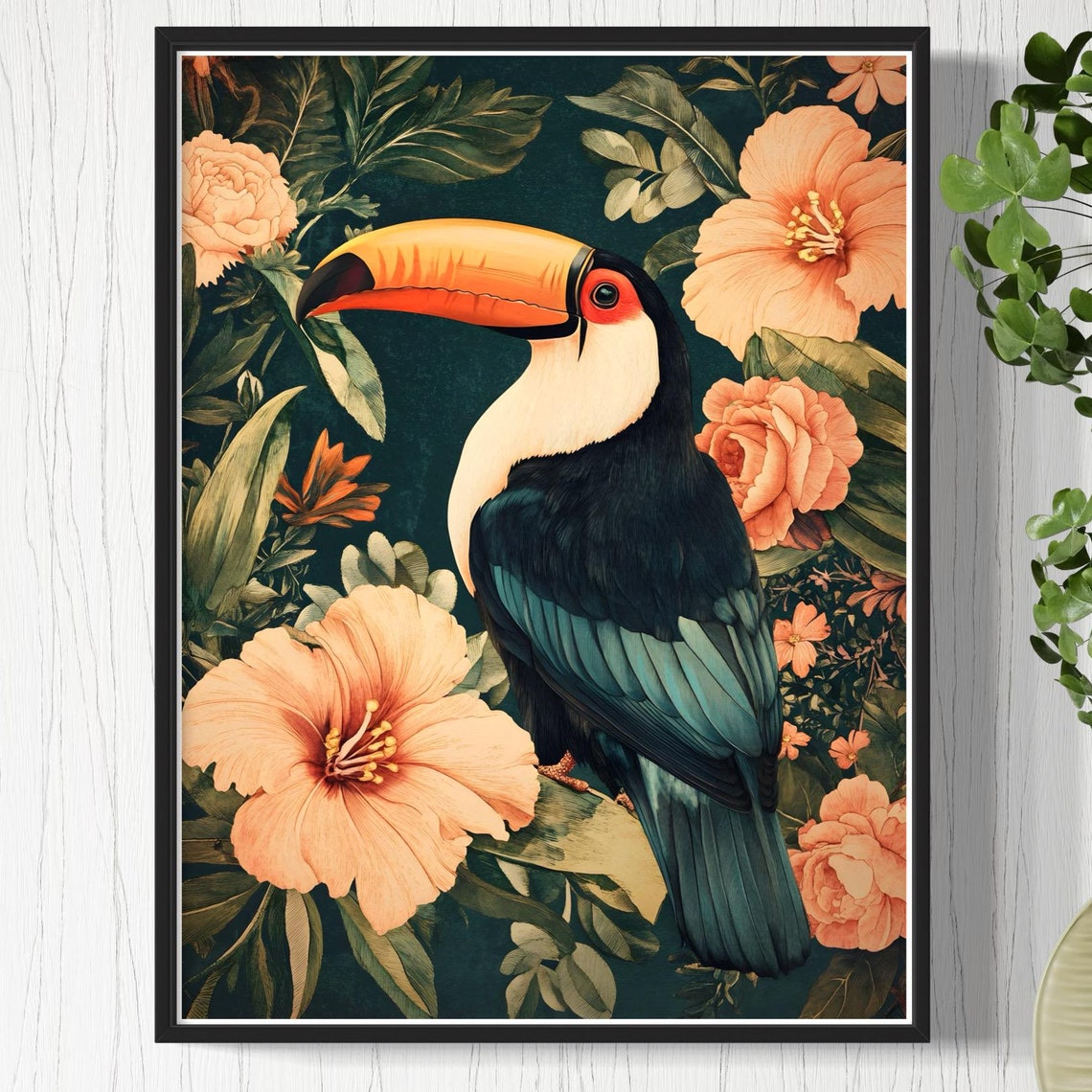 Toucan Tropical Hibiscus Flowers Dark Jungle Vintage Bird Poster