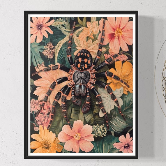 Mexican Red Knee Tarantula Art Print Tropical Jungle Leaves Flowers Exotic Wildlife Wall Decor Vintage Modern Nature Design