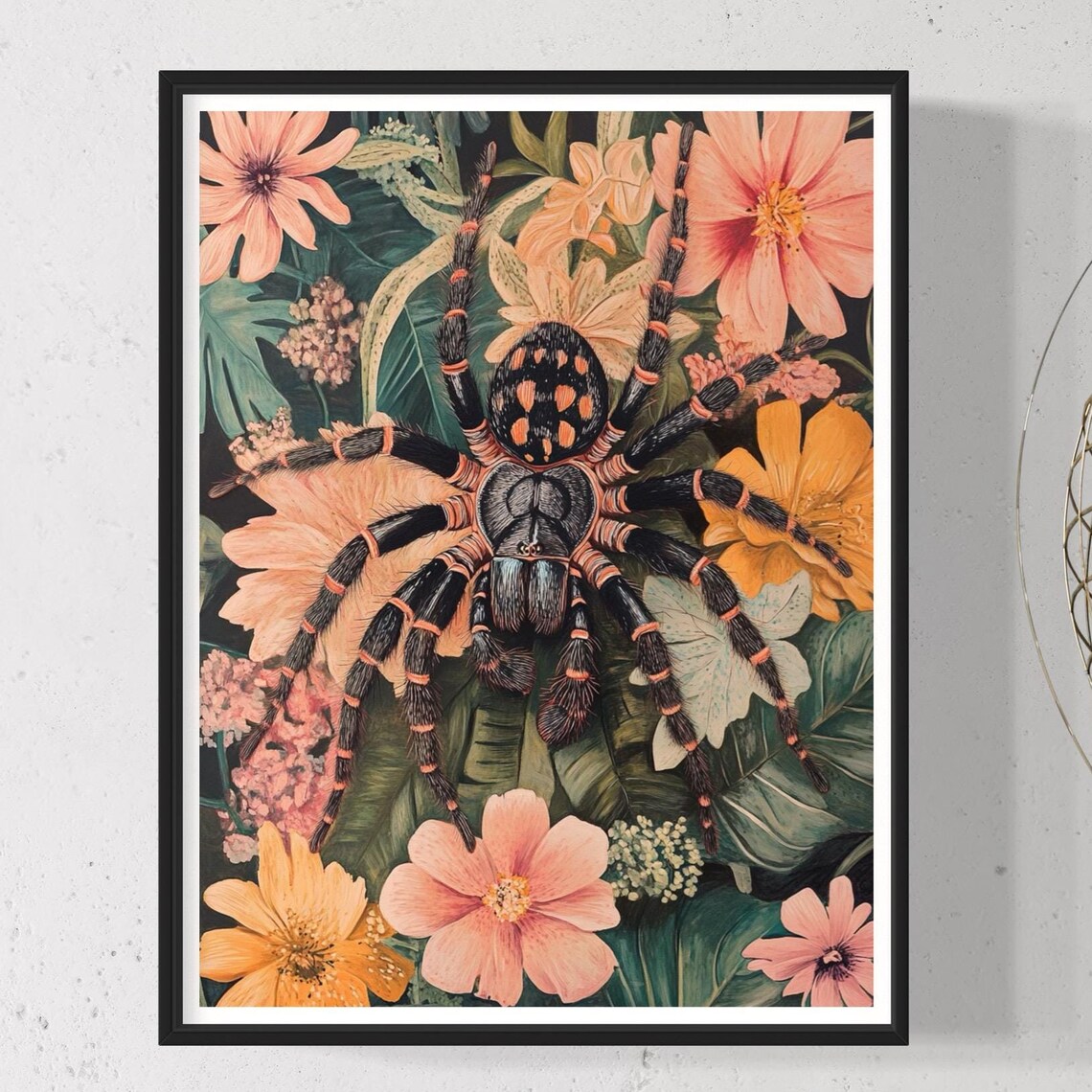 Mexican Red Knee Tarantula Tropical Flowers Jungle Wildlife Poster