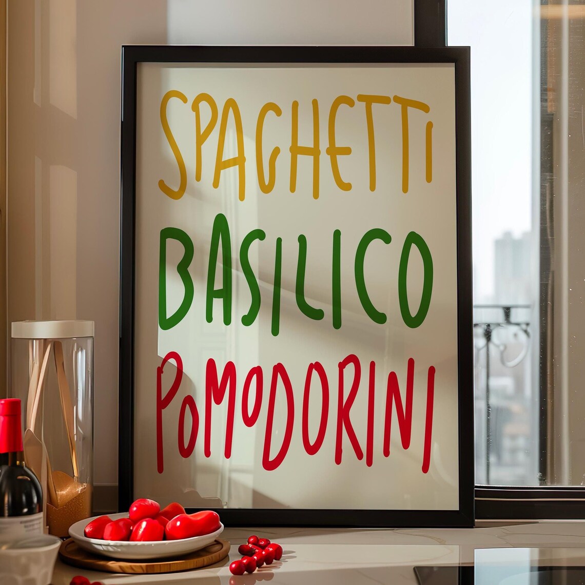 Spaghetti Basilico Pomodorini Tricolor Italian Hand Letter Poster