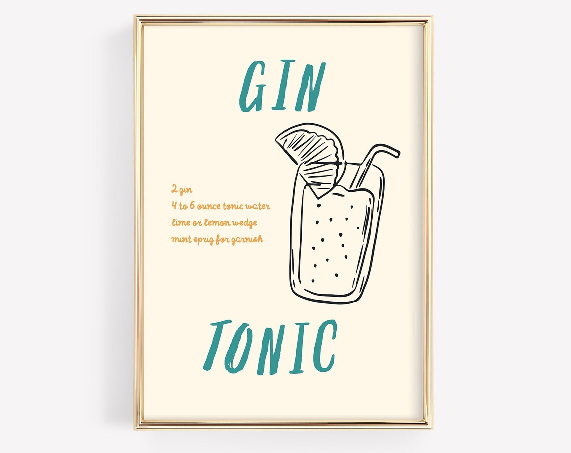 Gin Tonic Cocktail Recipe Glass Illustration Bar Cart Wall Print