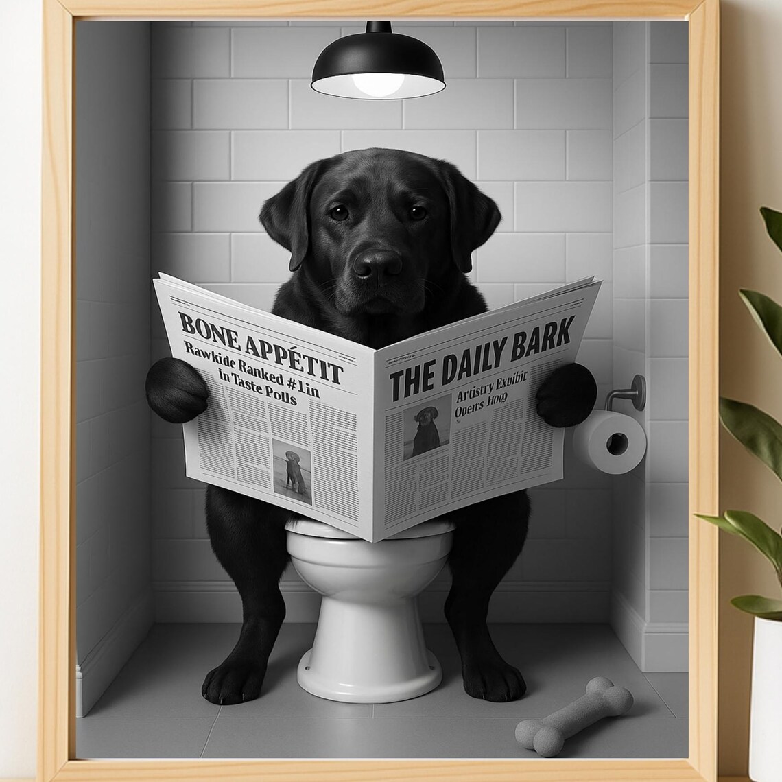 Black Labrador On Toilet Reading Newspaper Funny Dog Bathroom Humor Print