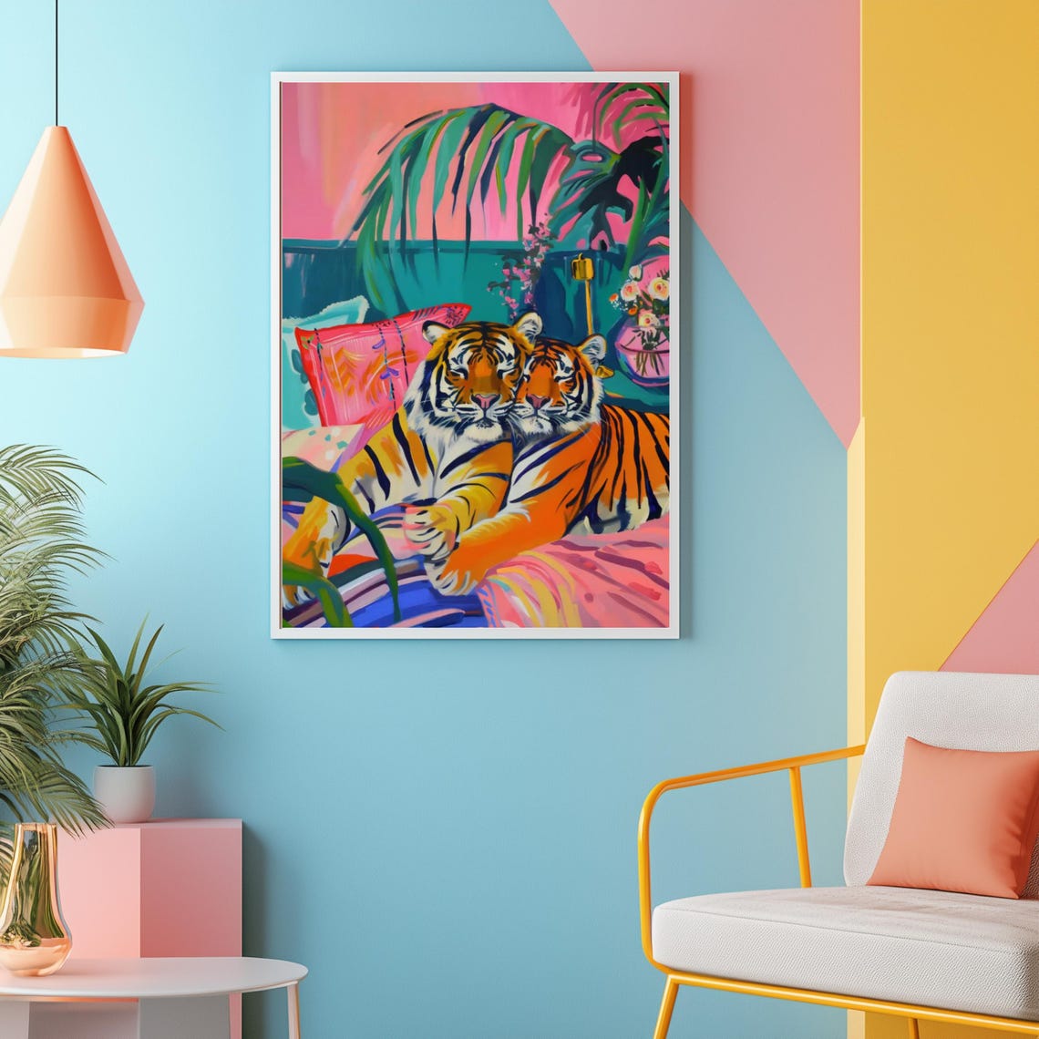 Two Tigers Cuddling Together on a Pink Sofa in a Tropical Room Poster - Image 2
