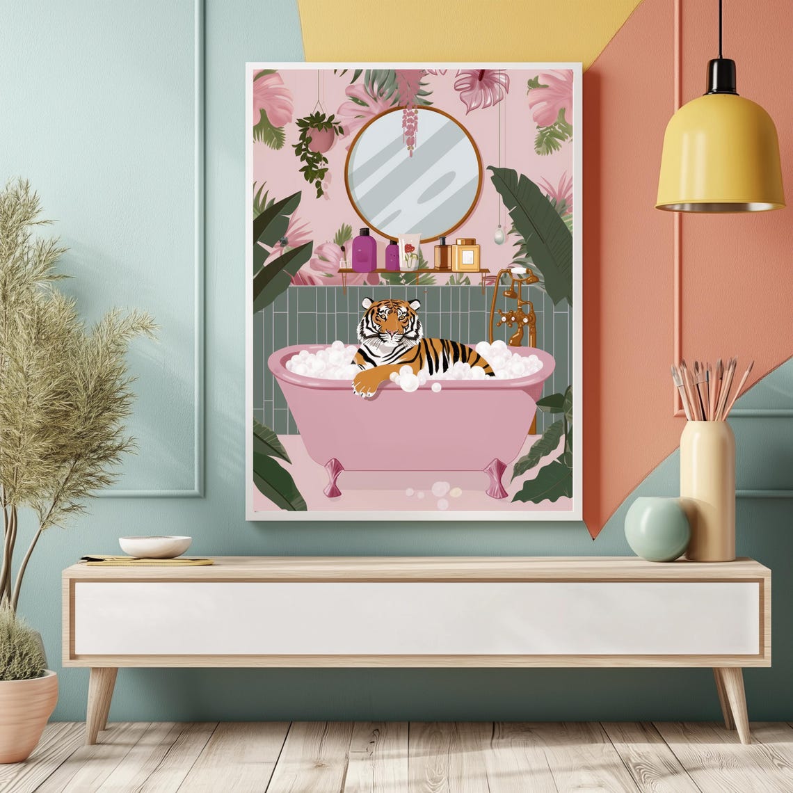 Tiger Relaxing in a Pink Bubble Bath Tropical Bathroom Poster - Image 3