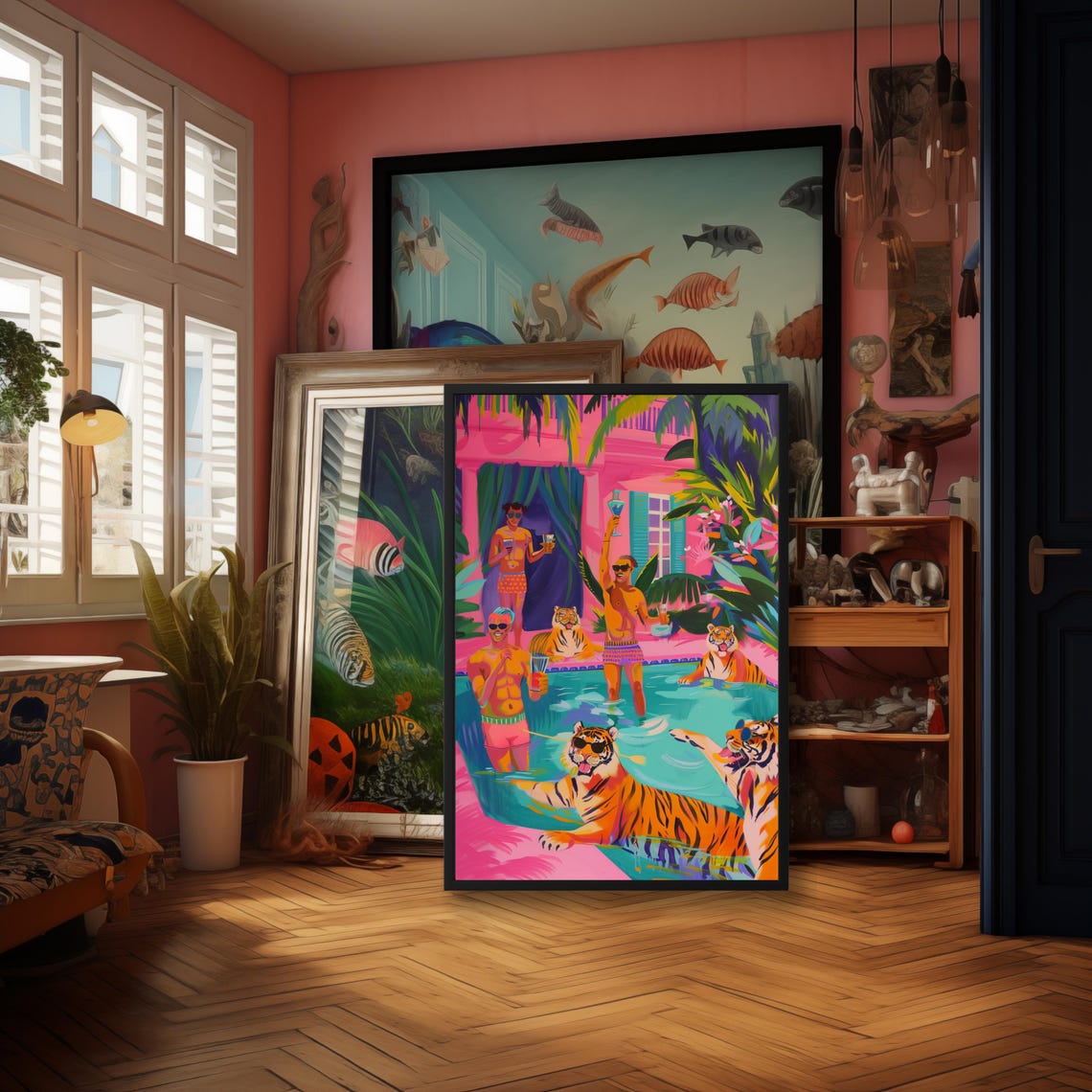 Tigers and Swimmers Splashing at a Pink Tropical Pool Party Poster - Image 3