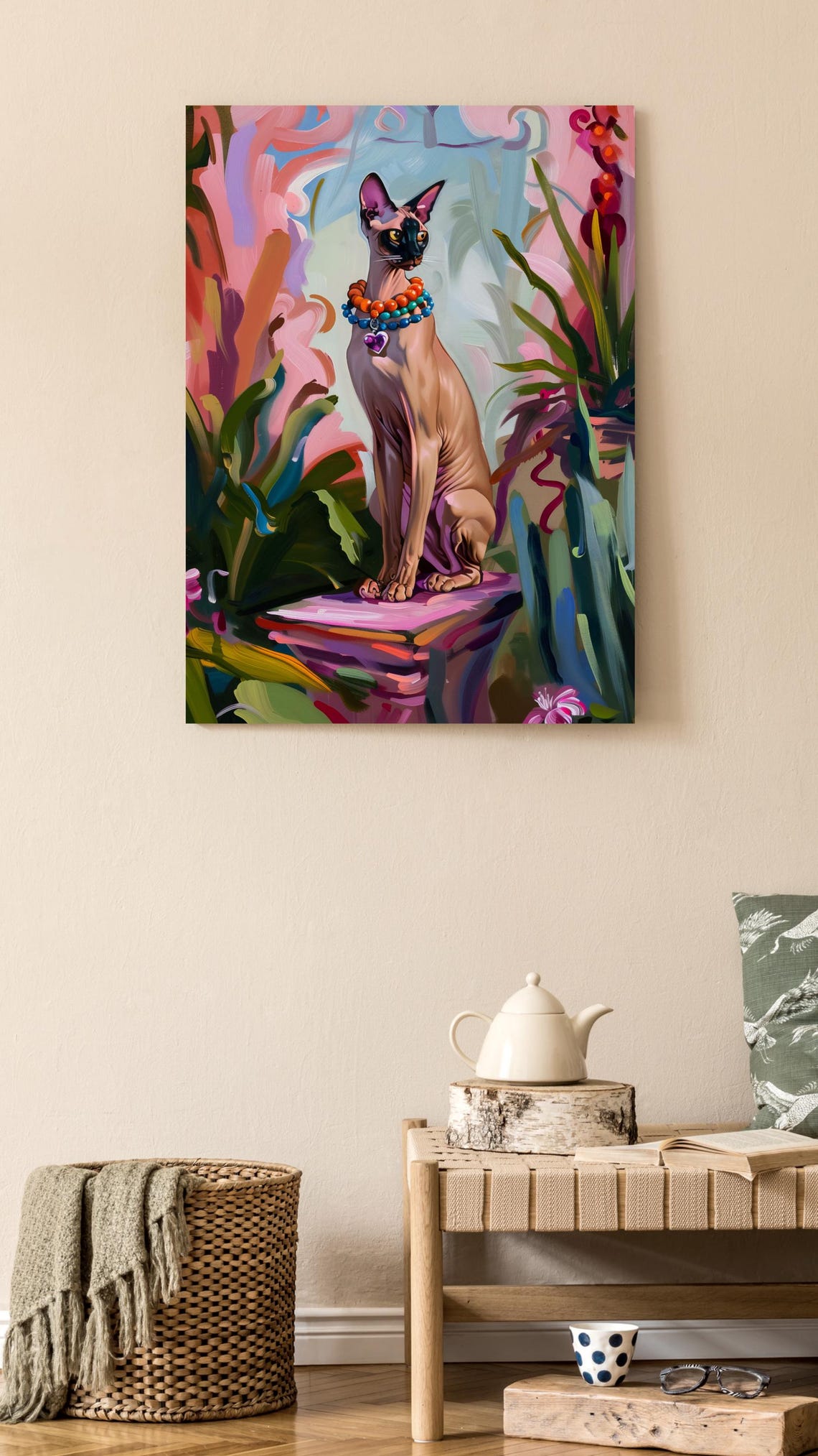 Sphynx Cat Wearing a Beaded Necklace Among Tropical Flowers Poster - Image 3