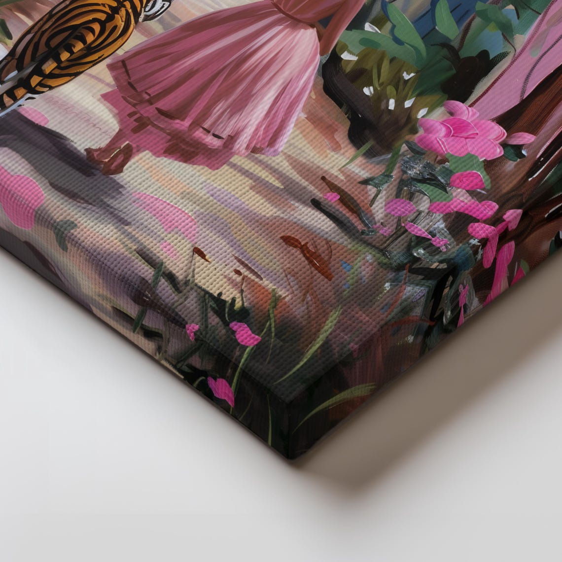 Woman in a Pink Dress Walking With a Tiger in a Forest Poster - Image 2