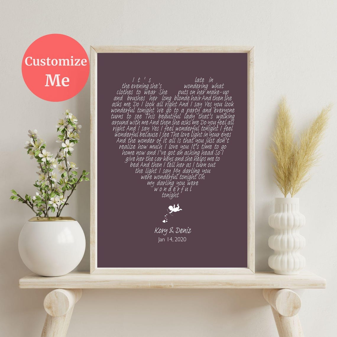 Personalized Heart Shaped Lyric Song Plum Wedding Gift Poster