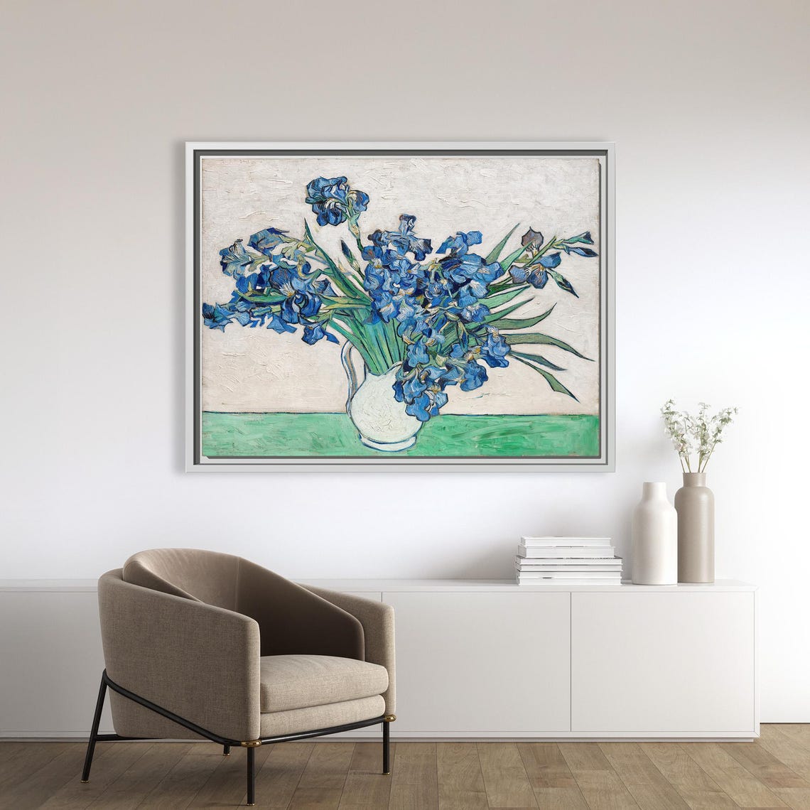 Van Gogh Irises Blue Flowers White Pitcher Classic Art Print - Image 2