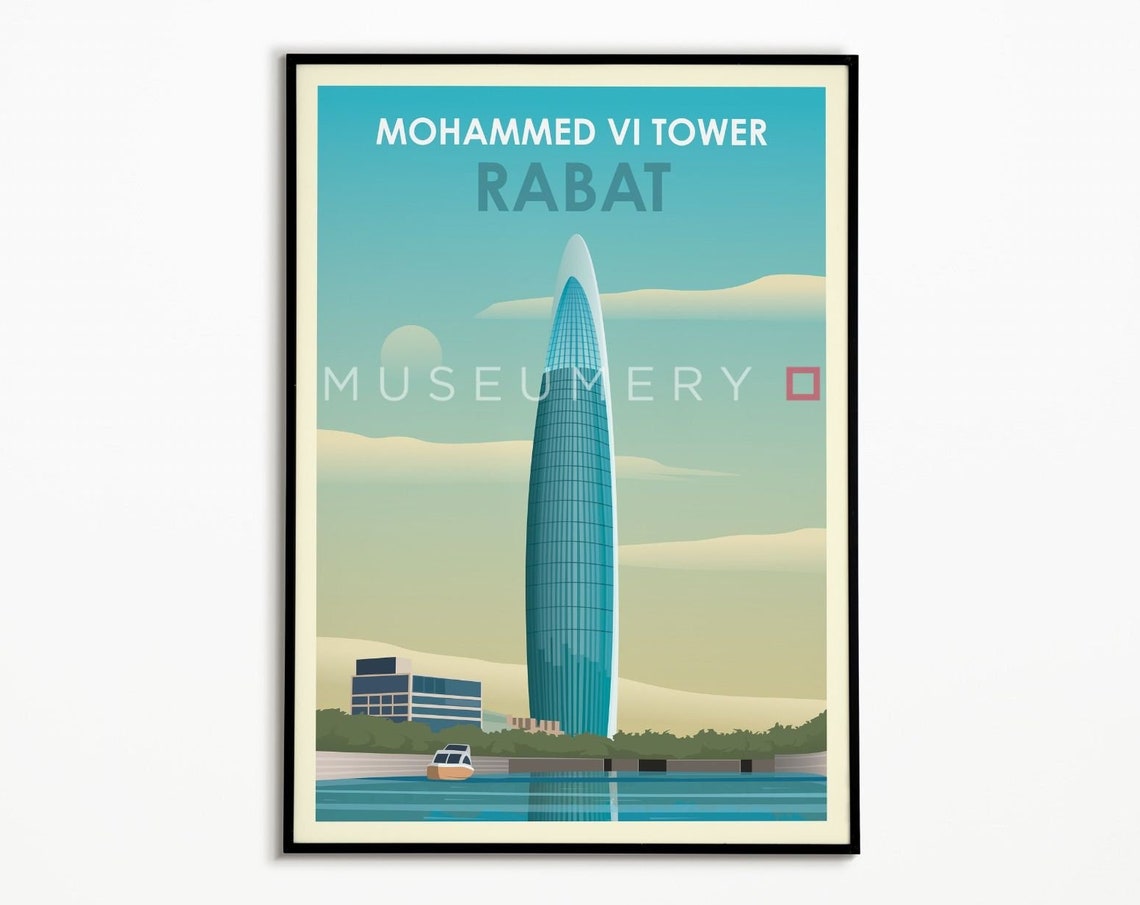 Mohammed VI Tower Rabat Morocco Vintage Travel Poster Teal Sky