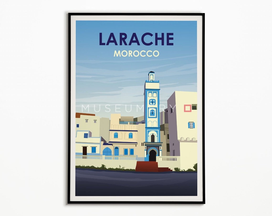 Larache Morocco Blue Minaret Waterfront Vintage Travel Poster