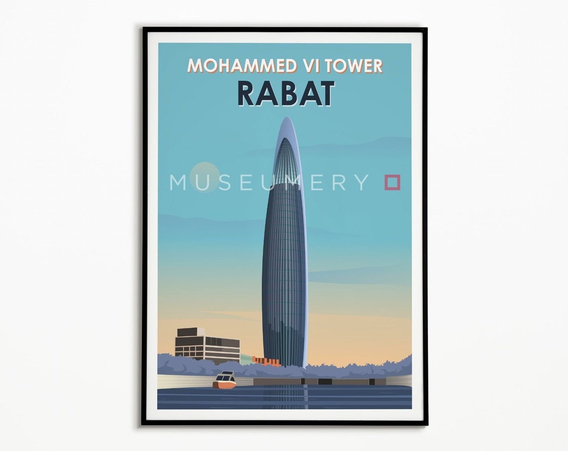 Mohammed VI Tower Rabat Morocco Retro Travel Poster Blue Sky