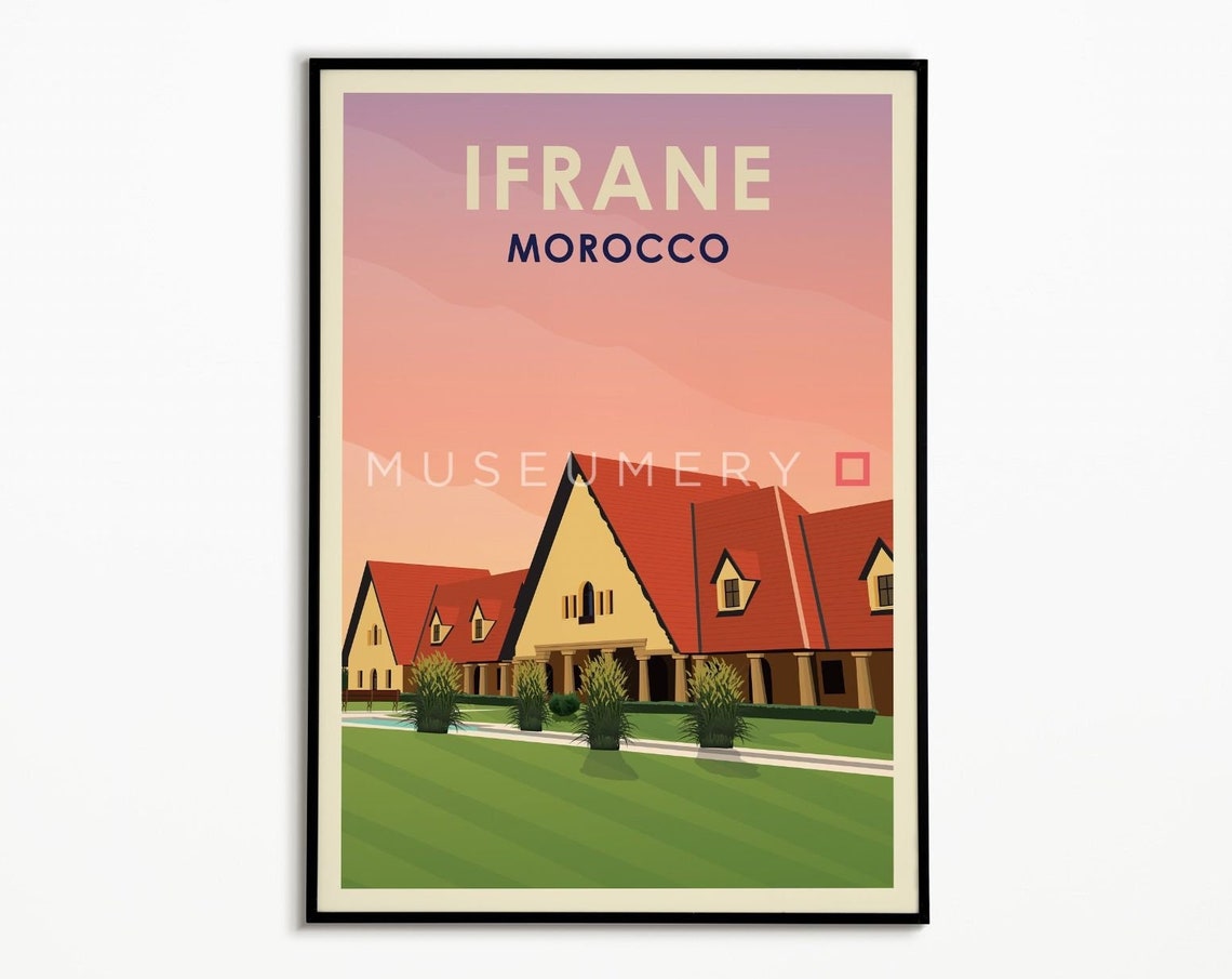 Ifrane Morocco Red Roof Chalet Building Sunset Travel Poster