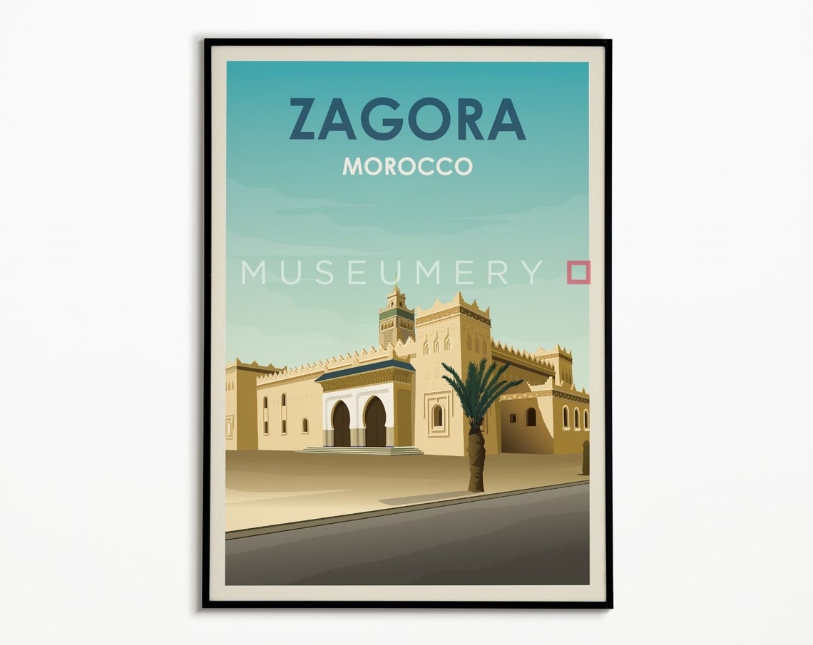 Zagora Morocco Vintage Travel Poster with Kasbah and Palm Tree