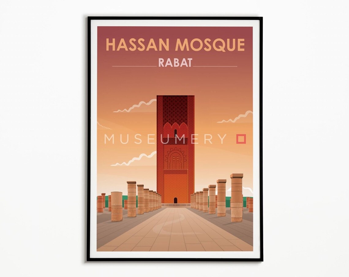 Rabat Morocco Vintage Travel Poster with Hassan Tower at Sunset