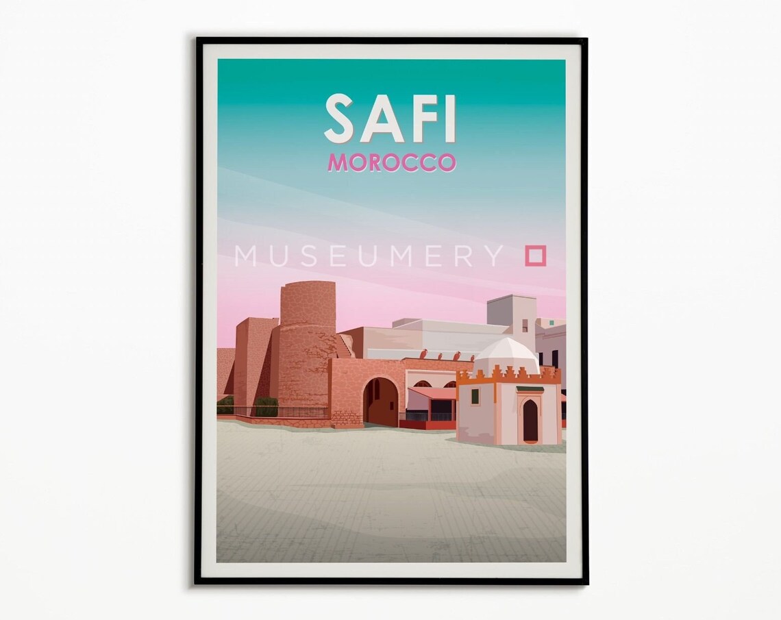 Safi Morocco Vintage Travel Poster Ocean Fortress Redbrick Skyline