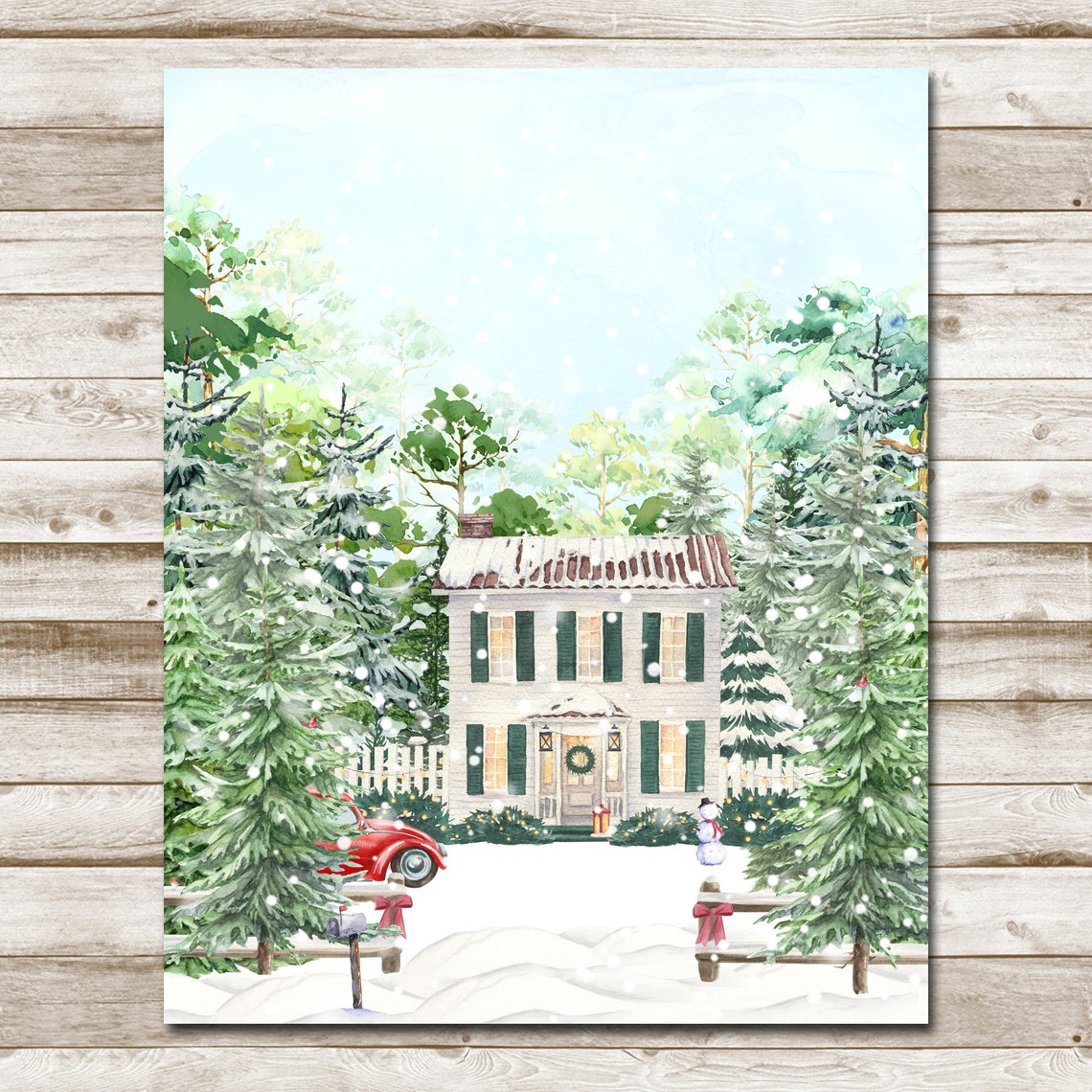Christmas Home Country Woodland House 5x7 8x10 11x14 16x20 Watercolor Winter Wall Art Print Diy Holiday Decor Winter Home Sign - Image 4