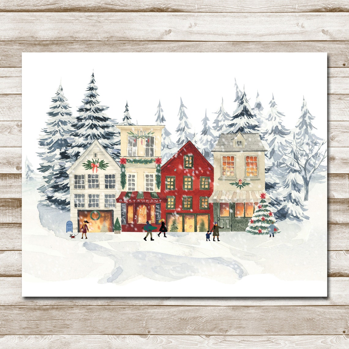 Snowy Christmas Village Street Shops Watercolor Holiday Poster - Image 4