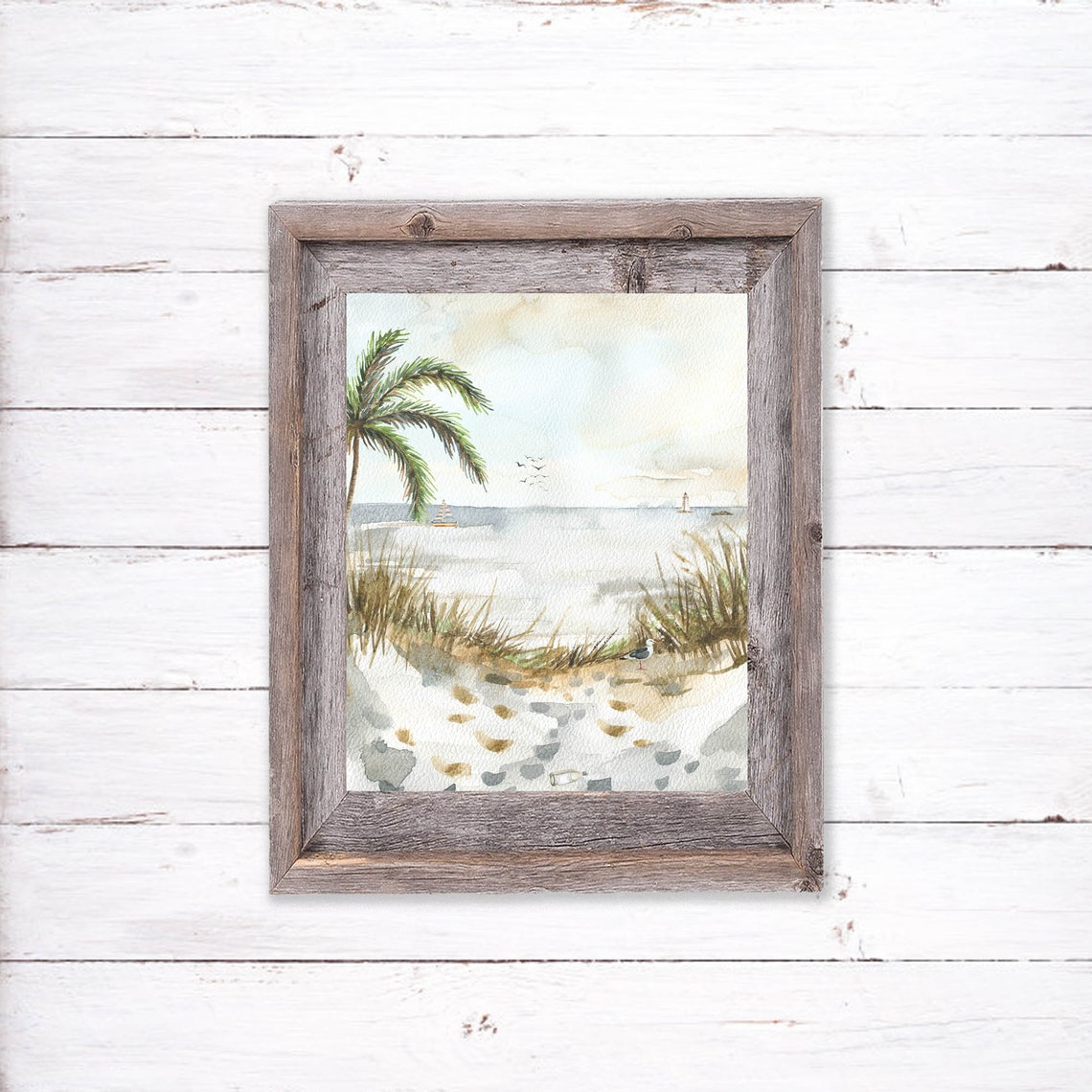 Beach Watercolor Seashore Palm Tree Seagull Sailboat Lighthouse Poster - Image 7