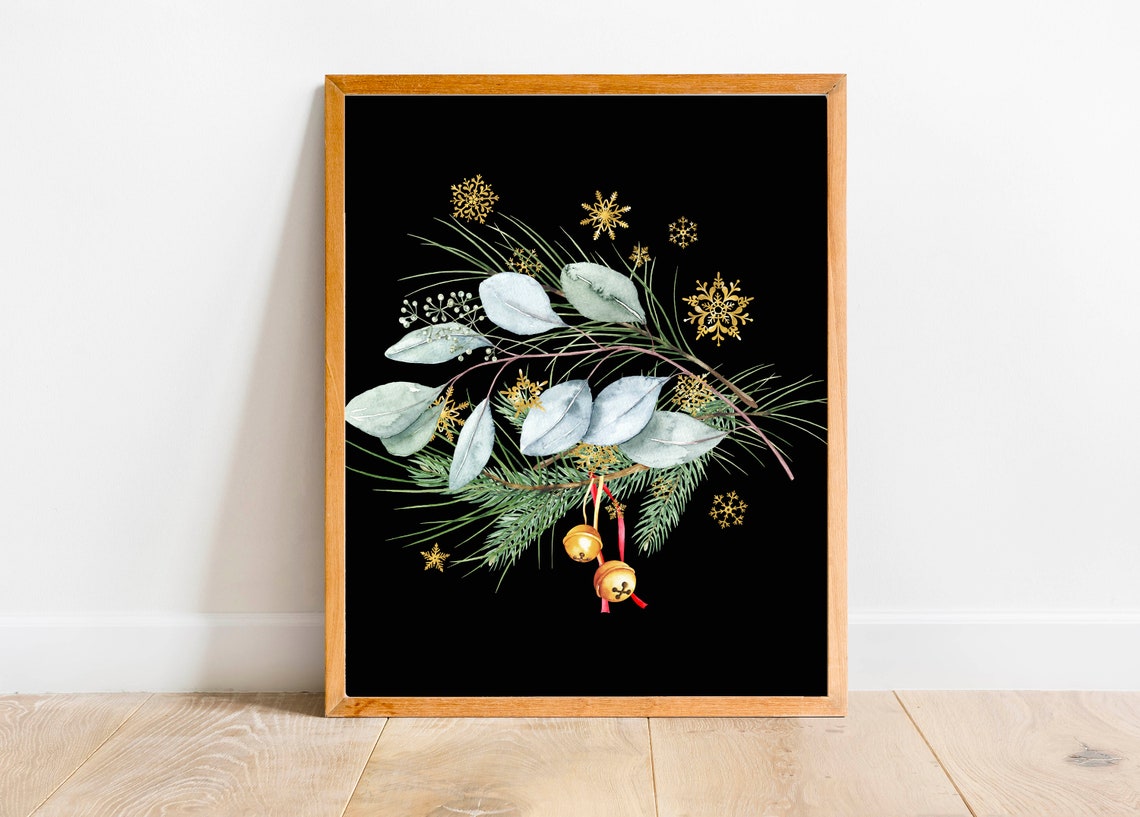 Jingle Bells Chalkboard Pine Bouquet Gold Bells Christmas Wall Art - Image 2