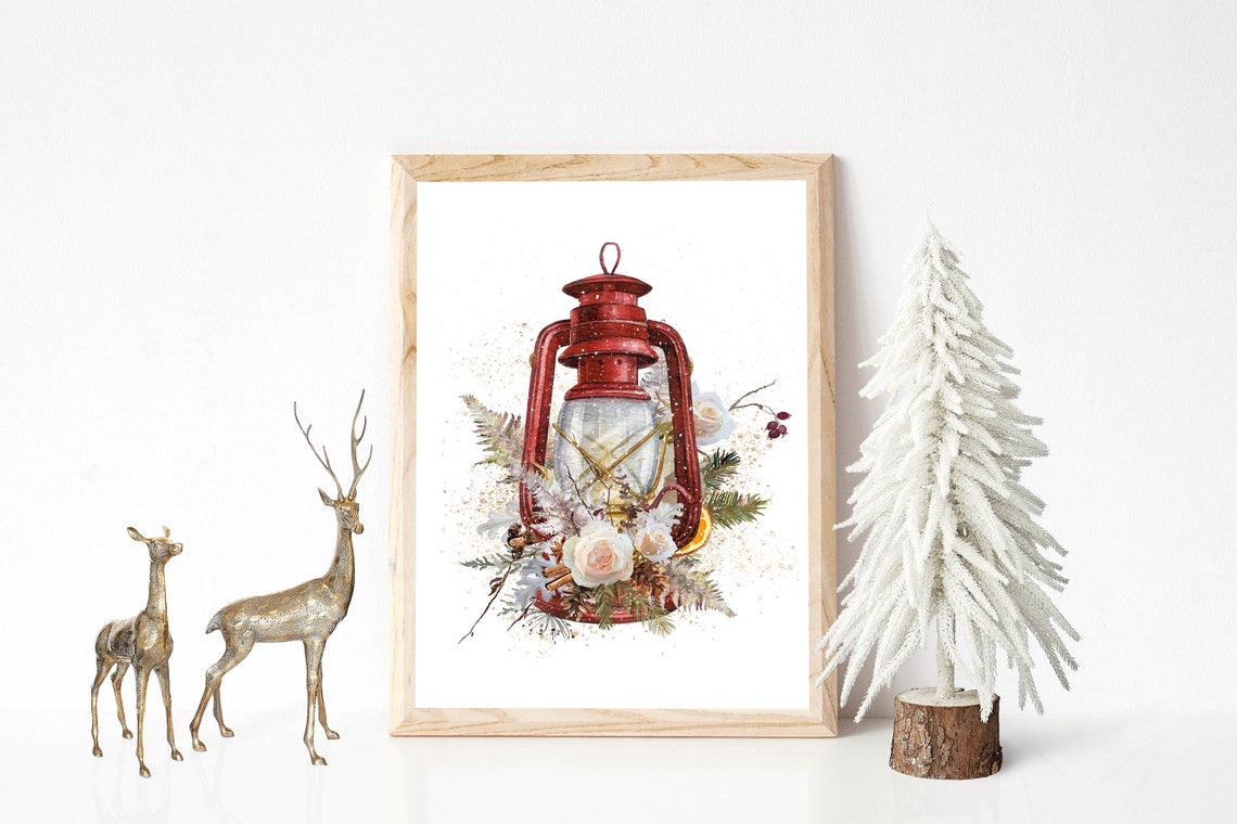 Red Lantern With White Roses Pinecones Rustic Winter Floral Poster - Image 2