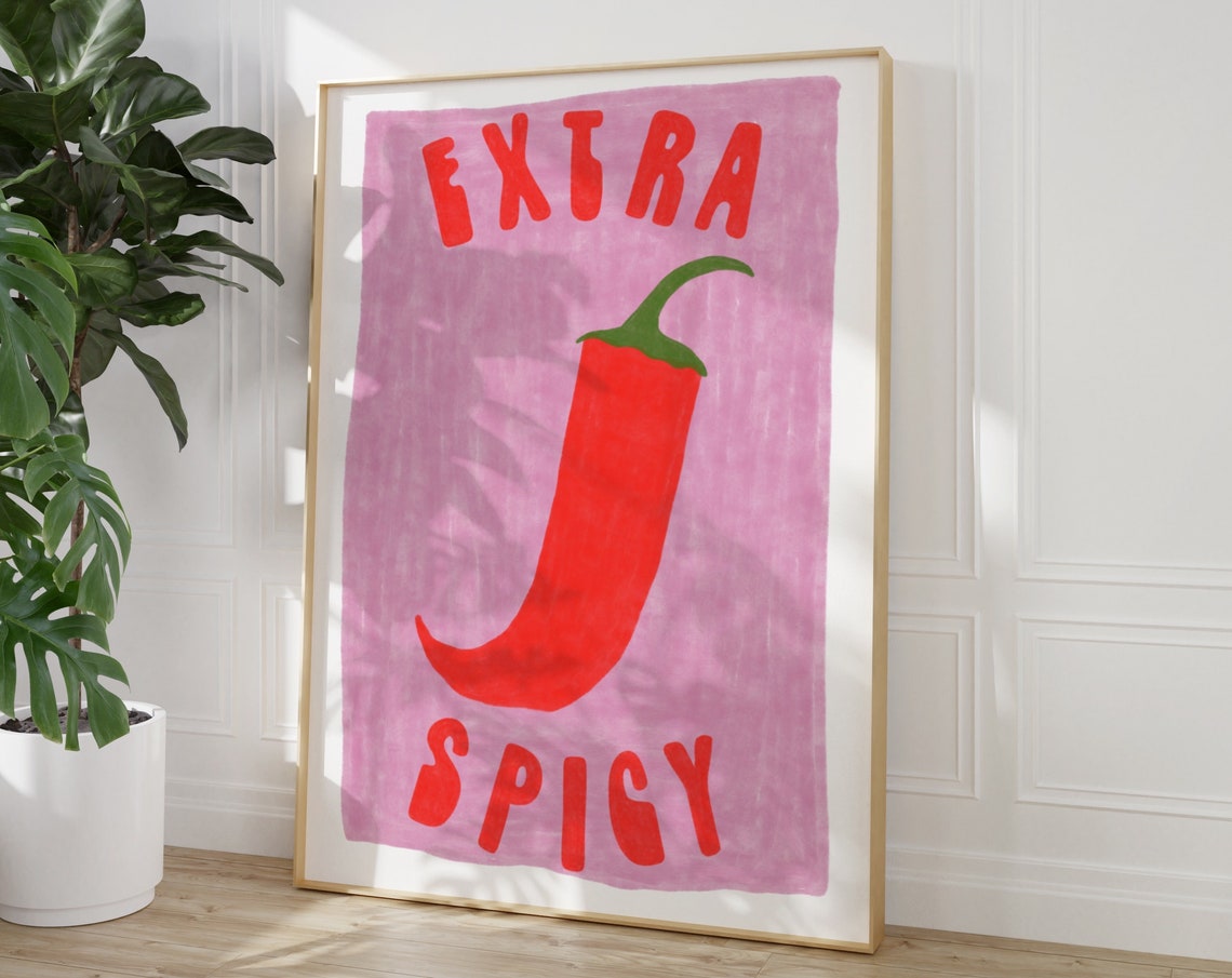 Extra Spicy Red Chili Pepper Hand Painted Pink Foodie Art Poster - Image 2