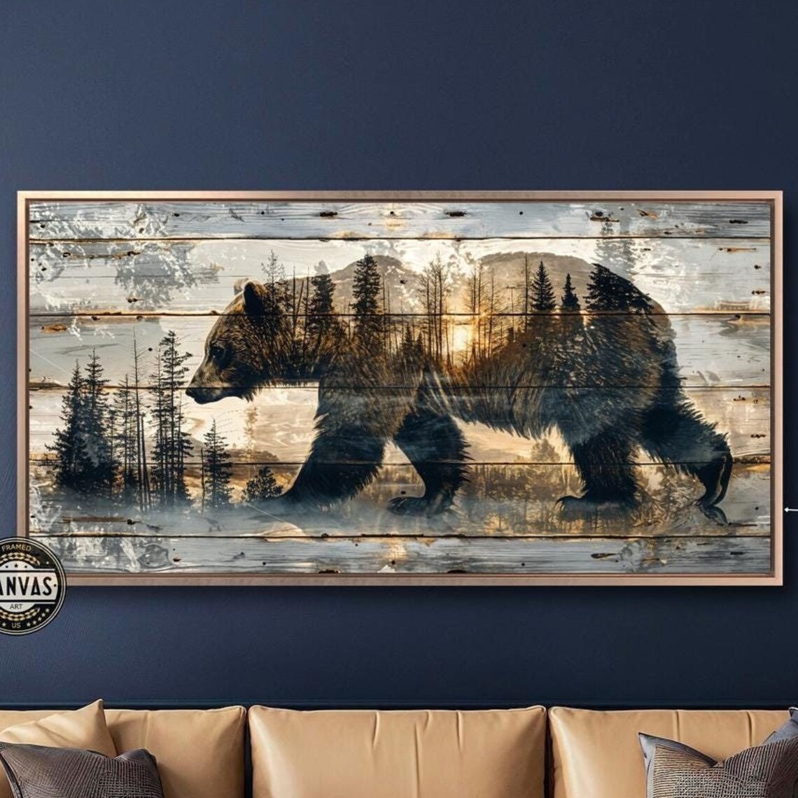 Rustic Bear Silhouette Abstract Forest Landscape Poster