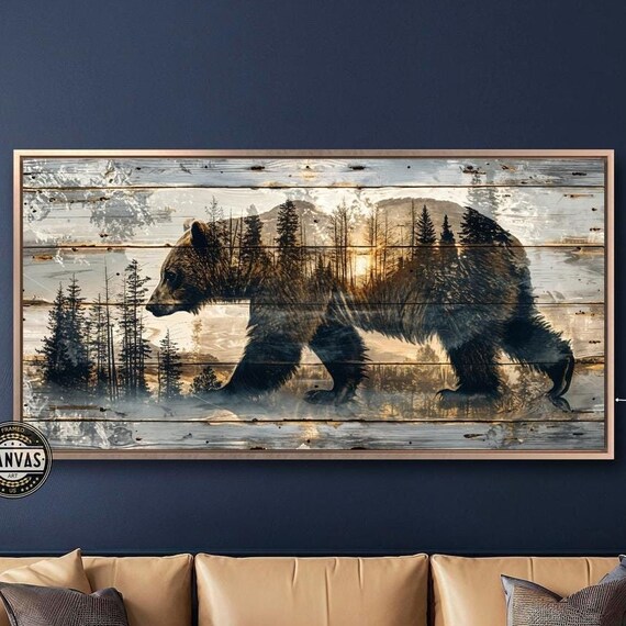 Rustic Bear Silhouette Abstract Forest Landscape Poster
