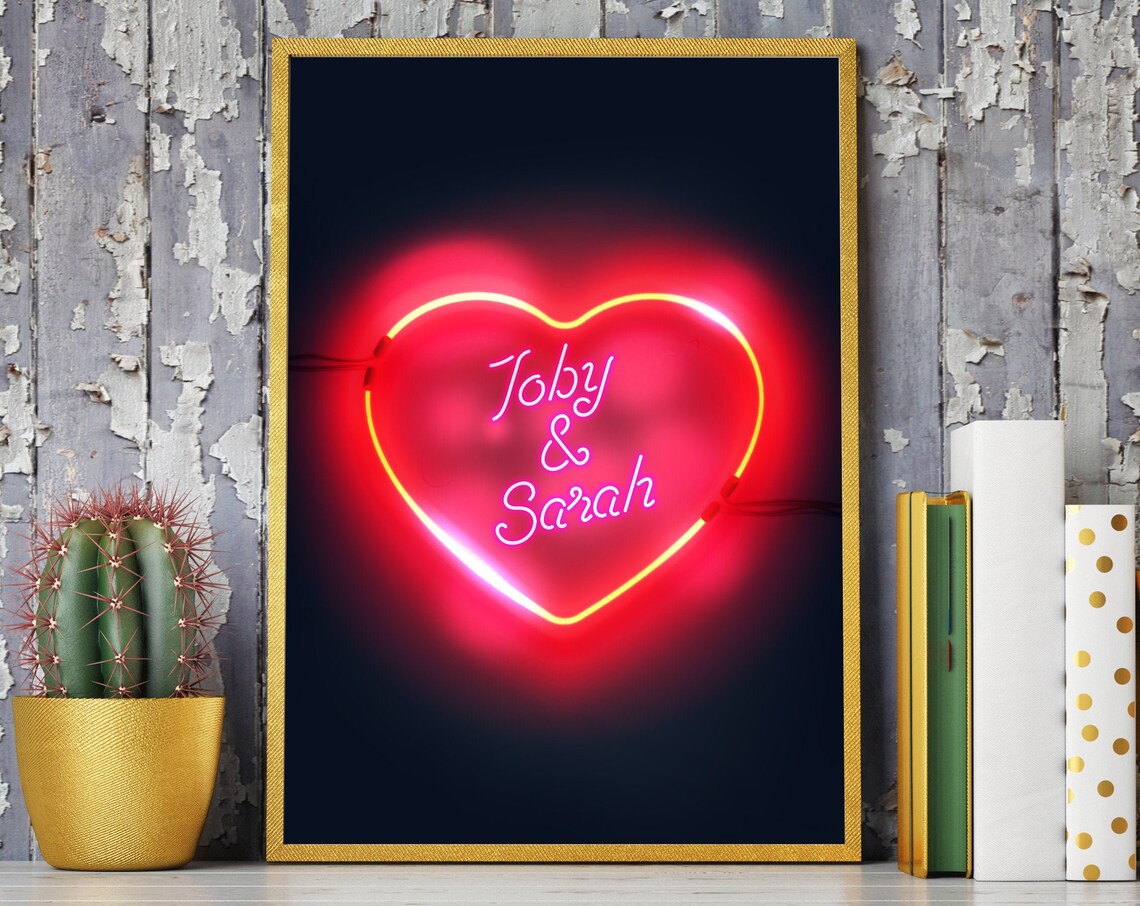 Toby And Sarah Red Neon Heart Personalized Wedding Sign Poster