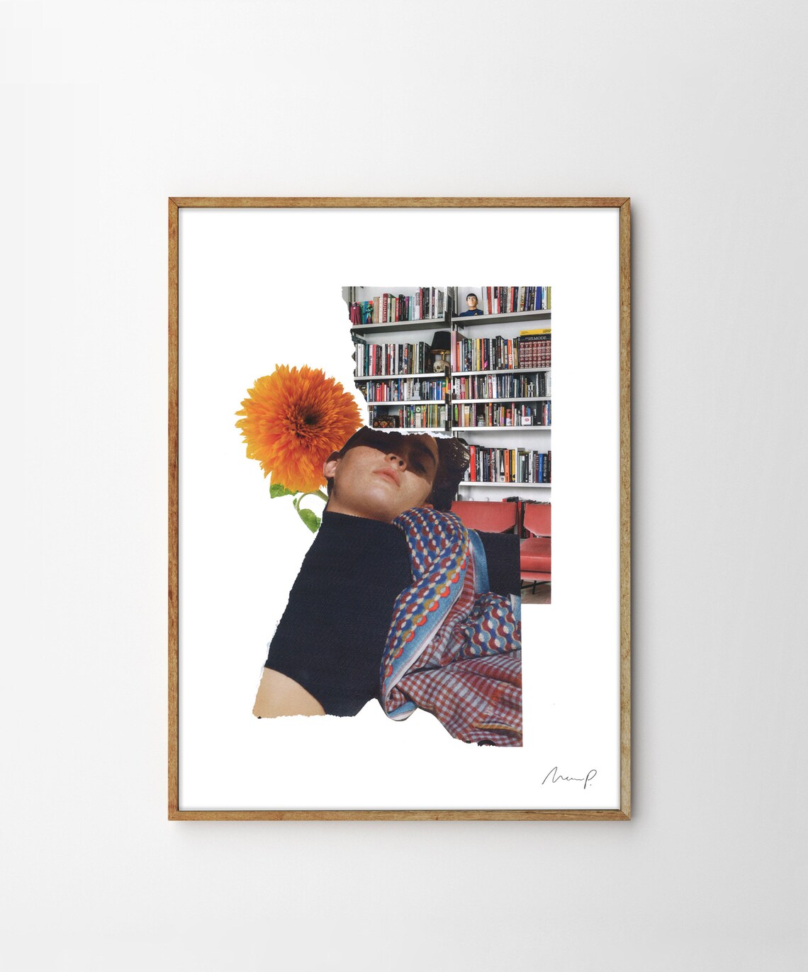 Dreamy Collage Woman Library Marigold Flower Fine Art Poster - Image 4