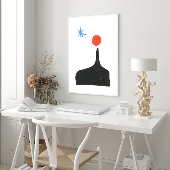 Minimalist Night Sky Abstract Black Shape Red Sun Blue Star Poster