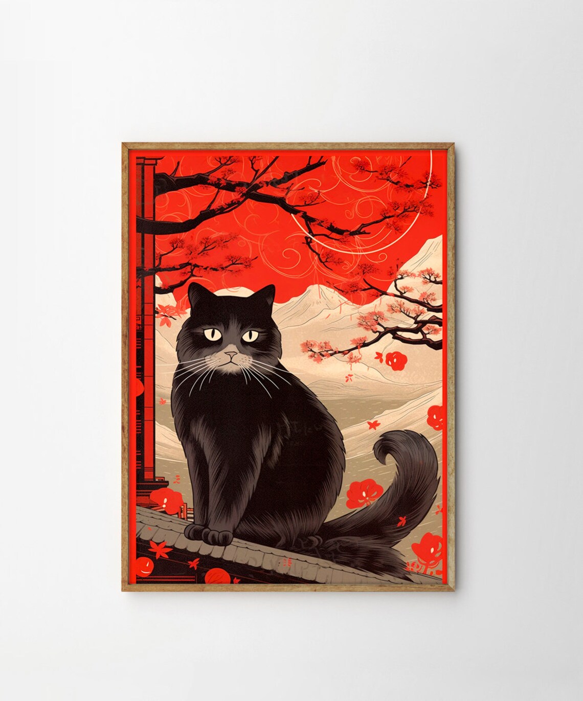 Japanese Black Cat Cherry Blossom Rooftop Ukiyo E Style Poster - Image 4