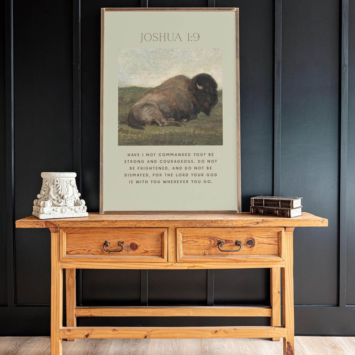 Joshua 1:9 Bible Verse Vintage Bison Farmhouse Christian Scripture Art Print - Image 3