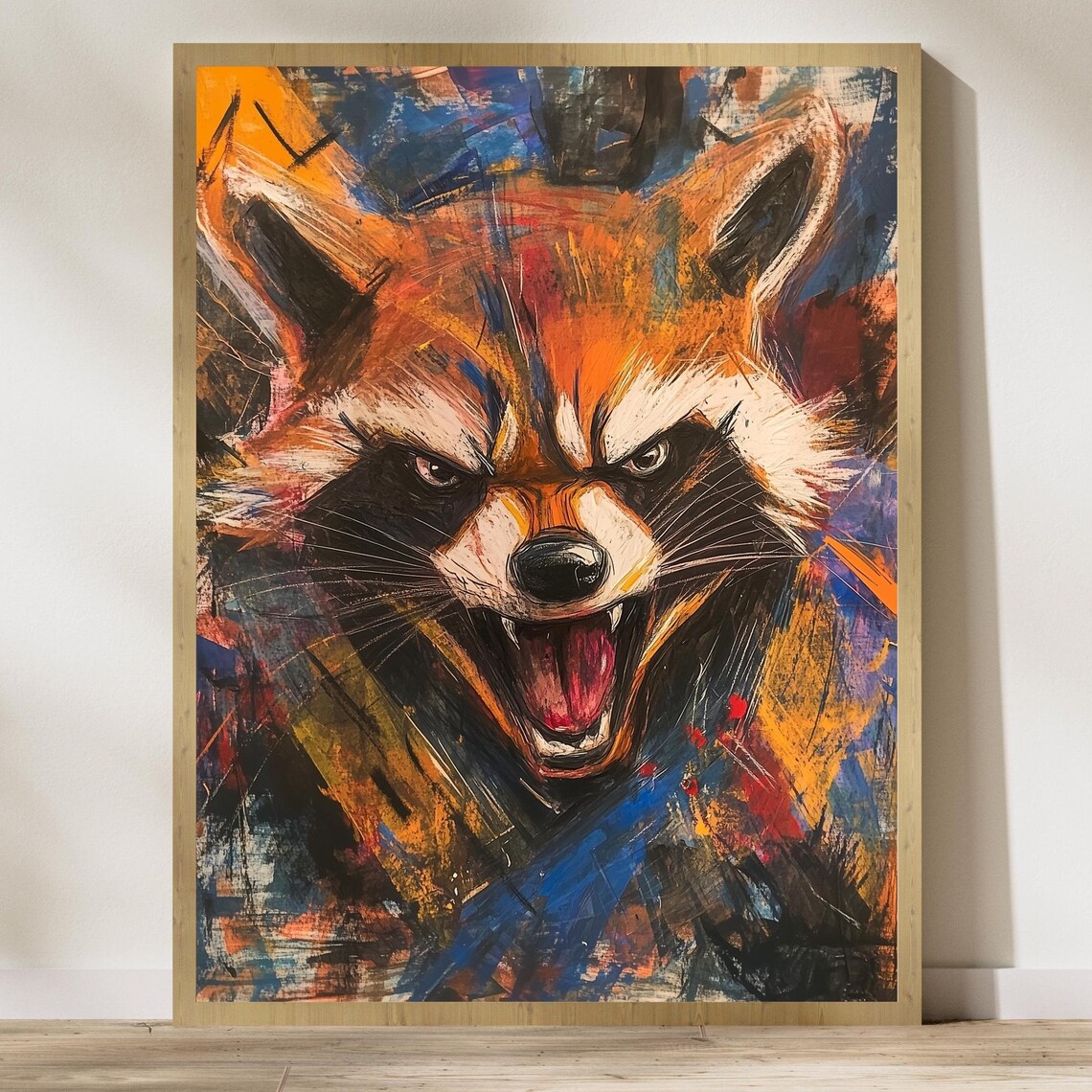 Roaring Raccoon Abstract Animal Painting Bold Fiery Colors Art Poster