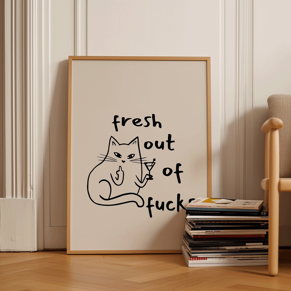 Fresh Out Of Fcks Funny Neutral Cat Art Print - Image 2