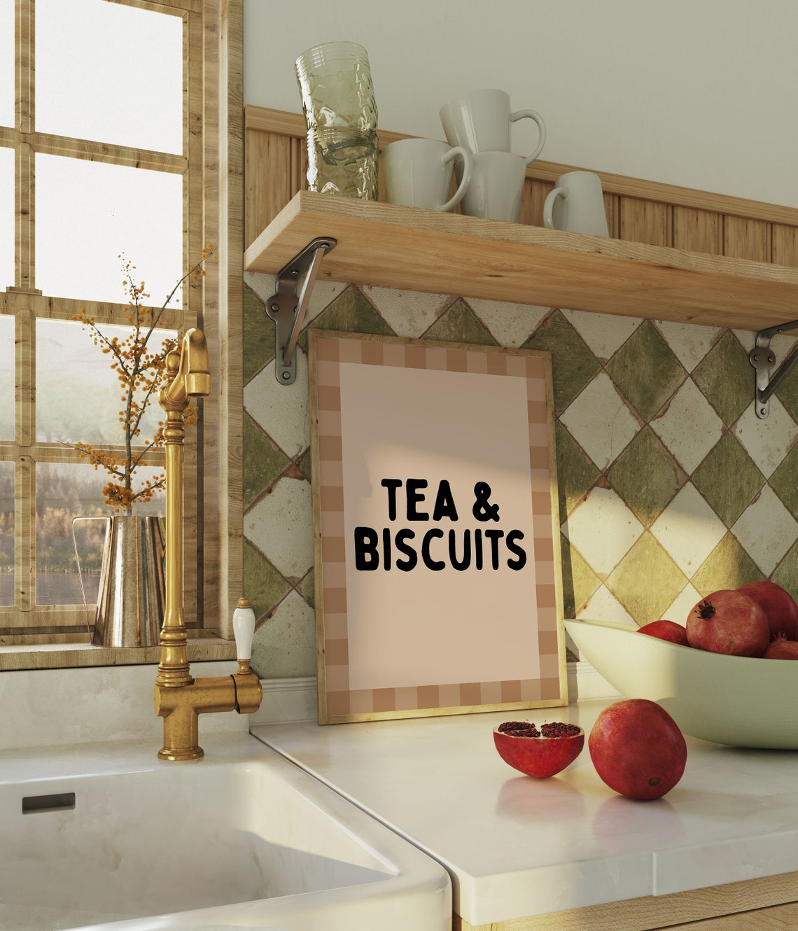 Tea And Biscuits Pink Checkered Cozy Kitchen Typography Poster - Image 2