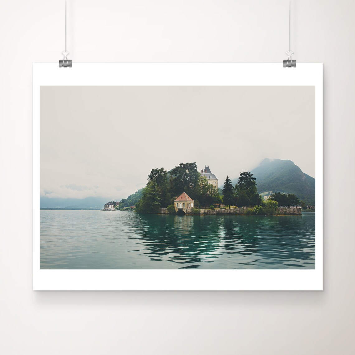 Lake Annecy Chateau Island Misty Mountains French Alps Photo Poster