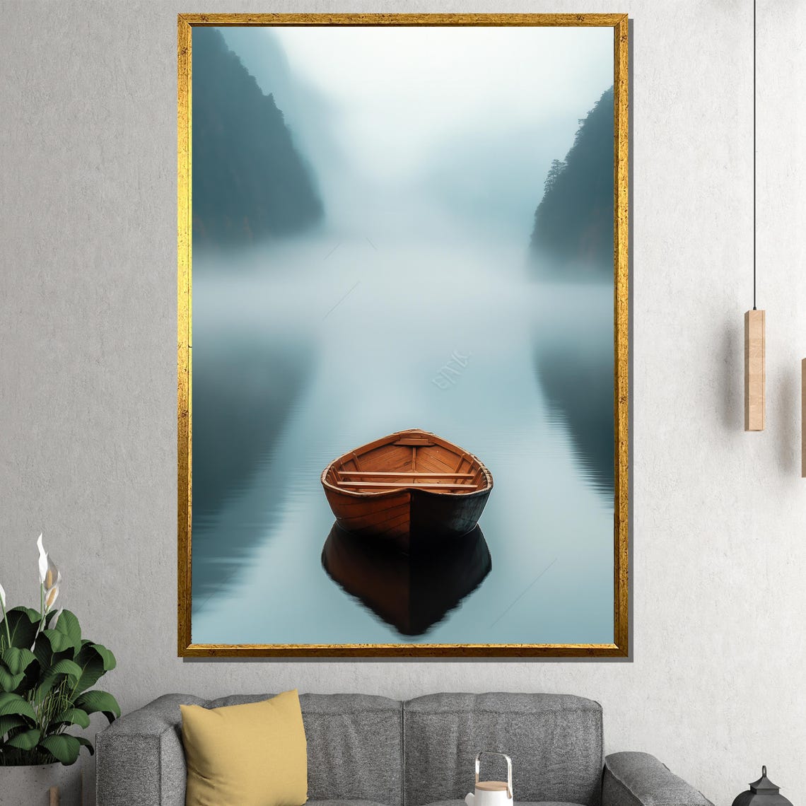 Minimalist Misty Lake Boat Foggy Blue Mountain Serene Art Poster