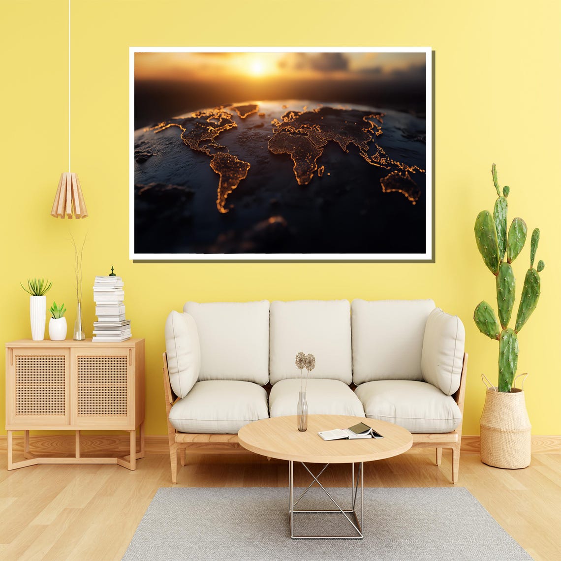 Golden Glowing World Map Earth Sunrise Modern Travel Wall Poster - Image 3