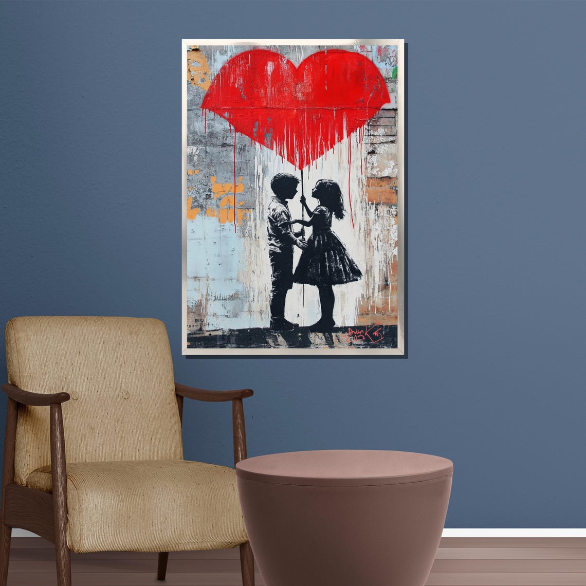 Romantic Couple Under a Giant Dripping Red Heart Street Art Poster - Image 3