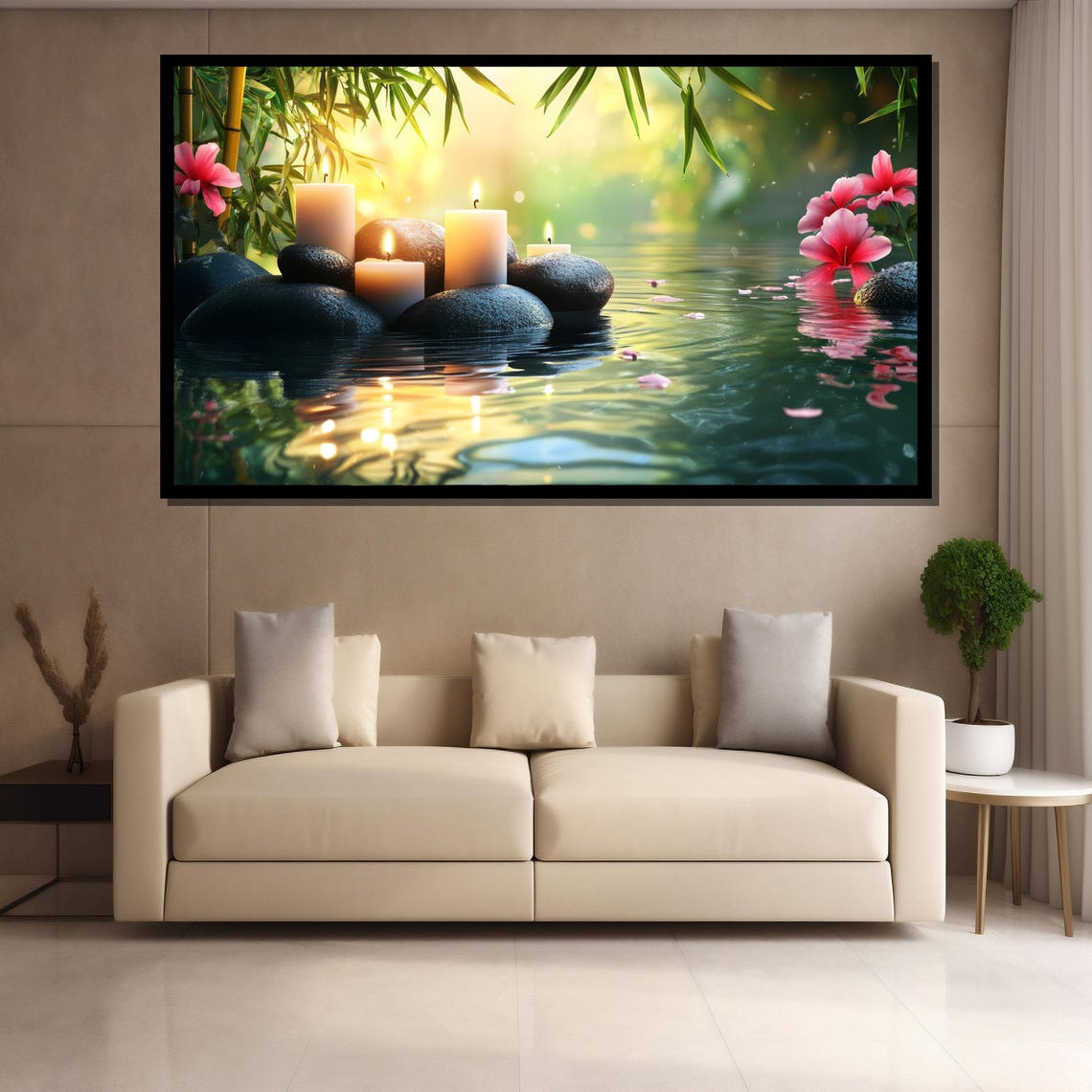 Zen Spa Candles And Smooth Stones Floating On Calm Water Poster - Image 4