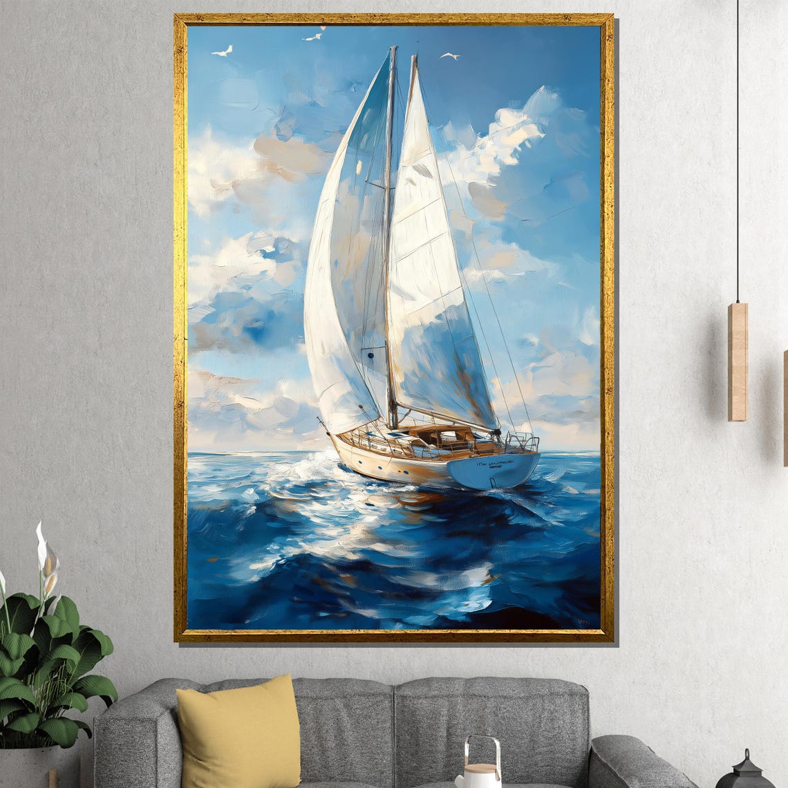 Sailing Yacht White Sails on Bright Blue Open Ocean Seascape Poster