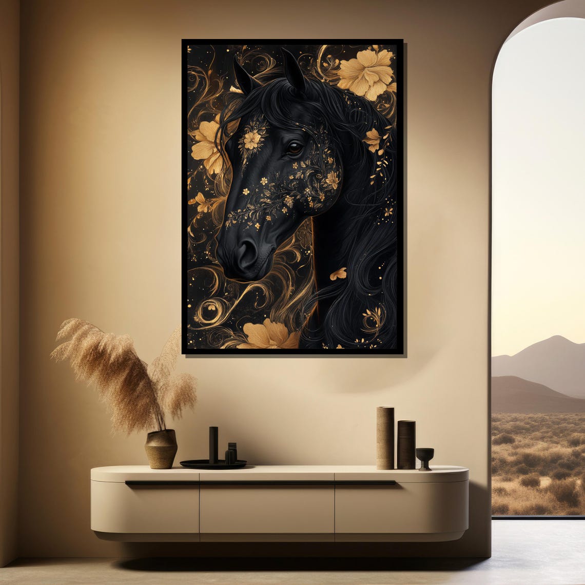 Black Horse Head Adorned With Gold Floral Ornaments Dark Poster - Image 4