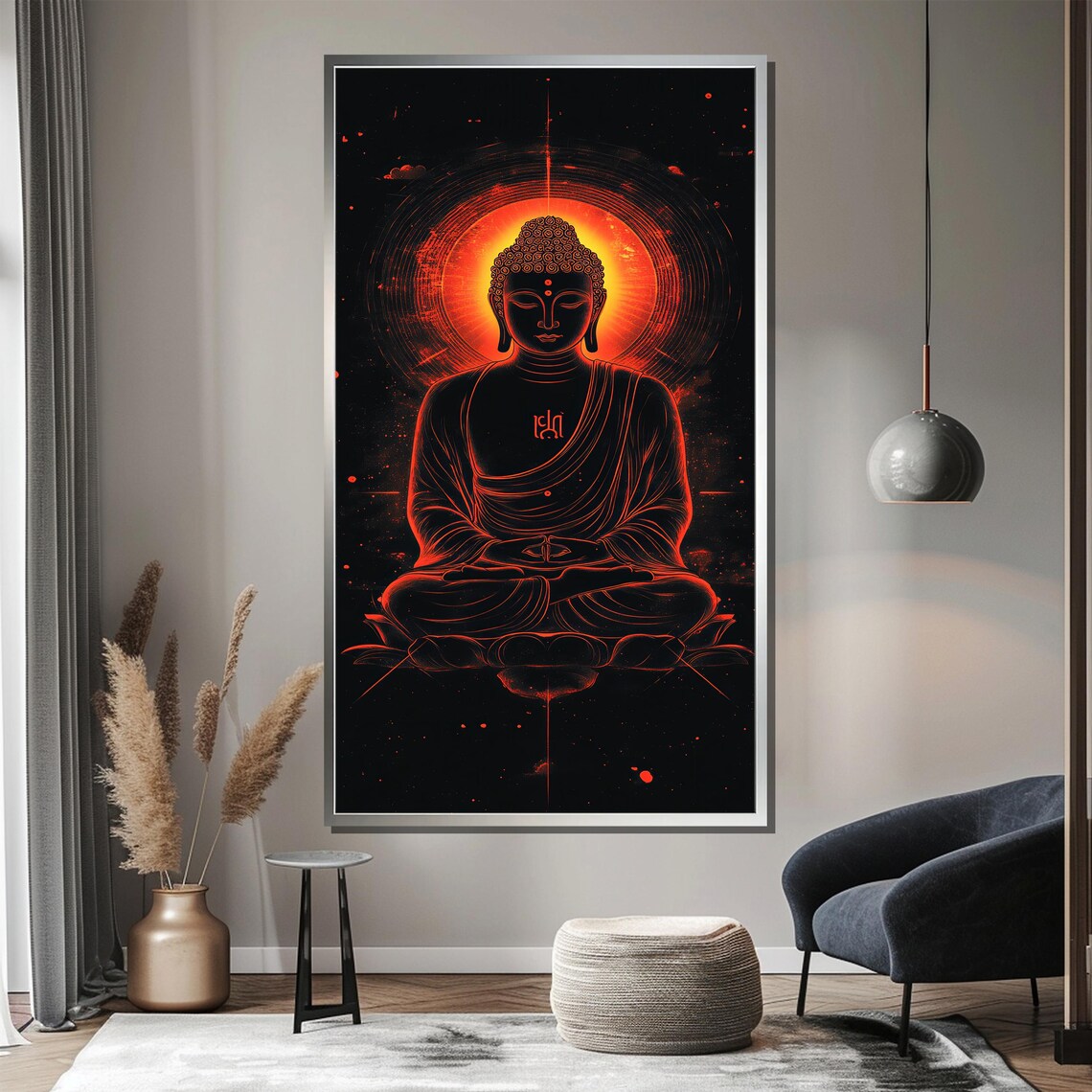 Red Neon Buddha Outline With Fiery Halo Dark Spiritual Poster - Image 3