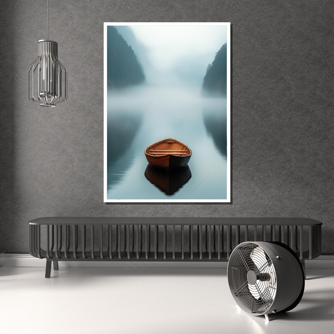 Minimalist Misty Lake Boat Foggy Blue Mountain Serene Art Poster - Image 2